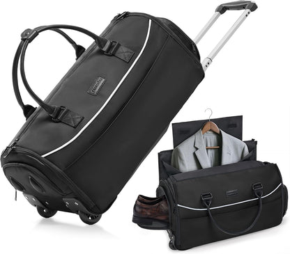 Fanwoli 3-in-1 Rolling Garment Bag for Travel, Wheeled Carry-On Luggage with Shoe Storage & Detachable Organizer, Wrinkle-Free Compartment for Suits/Dresses/Wedding Gowns, Fits Most Airline Size