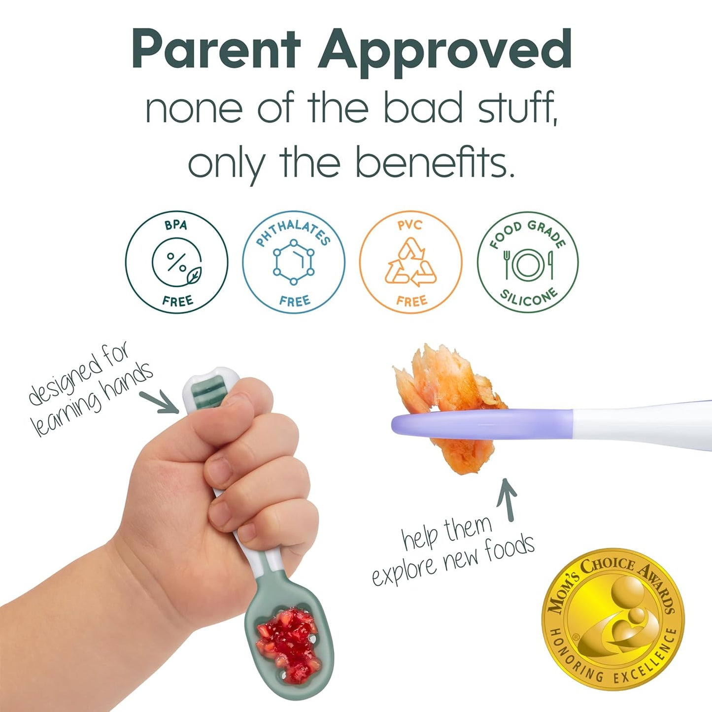 NumNum Baby Spoons Set, Baby Essentials Pre-Spoon GOOtensils for 6+ Months, First Stage Self-Feeding Spoons for Baby Led Weaning (BLW), Silicone Toddler Utensils, BPA-Free, 2 Pack Olive/Newbury Navy