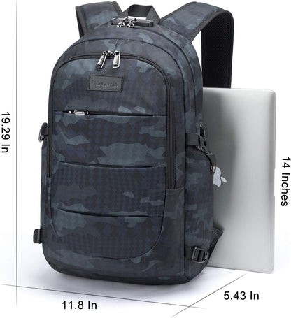Tzowla Business Laptop Backpack Water Resistant Anti-Theft Backpack with USB Charging Port and Lock 15.6 Inch Computer Backpacks for Women Men, Casual Hiking Travel Daypack (Navy Blue Camo)