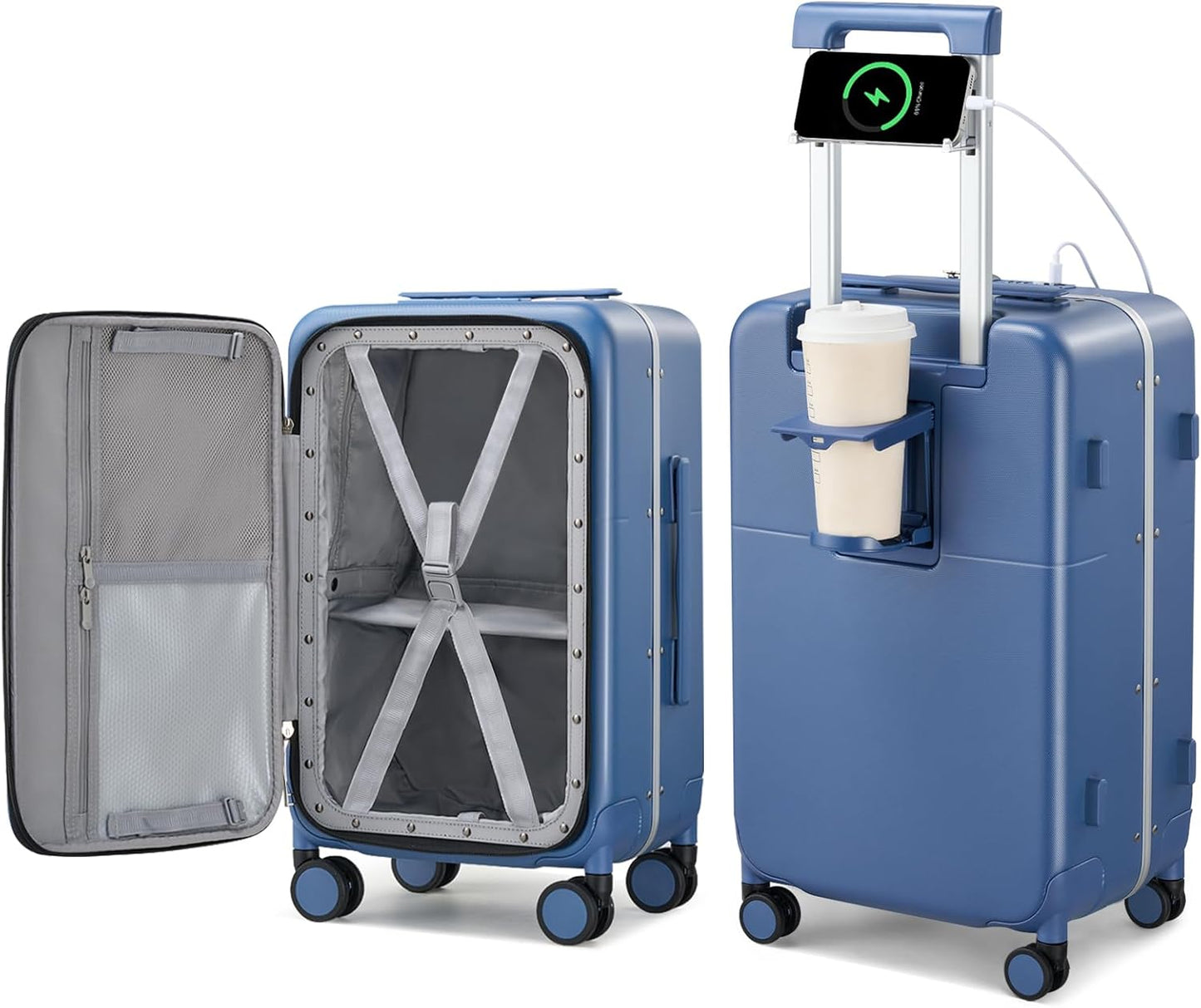 Hanke 24 Inch Luggage with Cup Holder and Charge,Top Opening Hard Shell Suitcases with Wheels and Dividers,Aluminum Frame Trunk Luggage Medium Checked Suitcase with Lock for Travel,Interstellar Blue