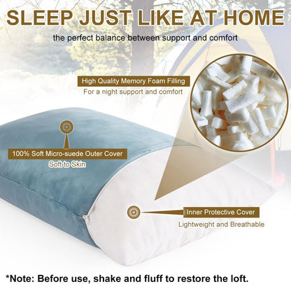 Ivellow Memory Foam Travel Pillow Compressible Camping Pillow for Sleeping Shredded Memory Foam Pillow Compact Firm Supportive Travel Pillow for Adults Kids Outdoor Hiking Essential Gear Blue-M