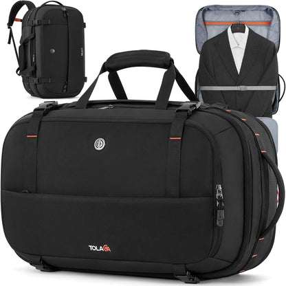 Tolaccea Travel Backpack with Garment Bag, Suit Carry On Backpack, TSA Flight Approved for Travel & Business Trips with Dual Laptop Storage for 17.3" and 12.9" & Extra Toiletry Bag, 45-55L Expandable