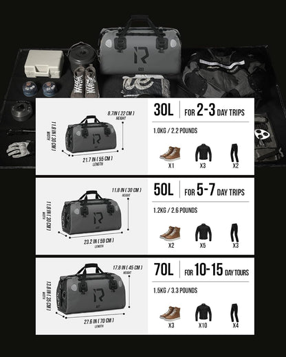 IRON JIA'S Motorcycle Dry Bag - Waterproof Duffle & Luggage Tail Bag Saddle Bags with Roll Top Closure, Shoulder Straps, Inner Pocket and Mesh Pocket (Grey, 50L)