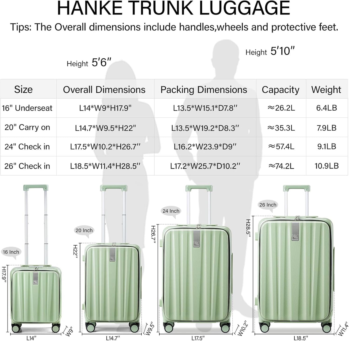 Hanke 26 Inch Large checked Luggage PC Hard Shell luggage Top Opening Aluminum Frame Travel Luggage Suitcases with Wheels for Woman Men.(Bamboo Green)