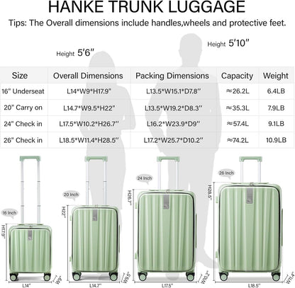 Hanke 26 Inch Large checked Luggage PC Hard Shell luggage Top Opening Aluminum Frame Travel Luggage Suitcases with Wheels for Woman Men.(Bamboo Green)