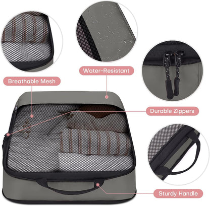 4 PCS Set Compression Packing Cubes for Travel, Lightweight Packaging Organizer Bags for Carry On Space Saving, Travel Essentials Cubes for Suitcase Backpack, Grey