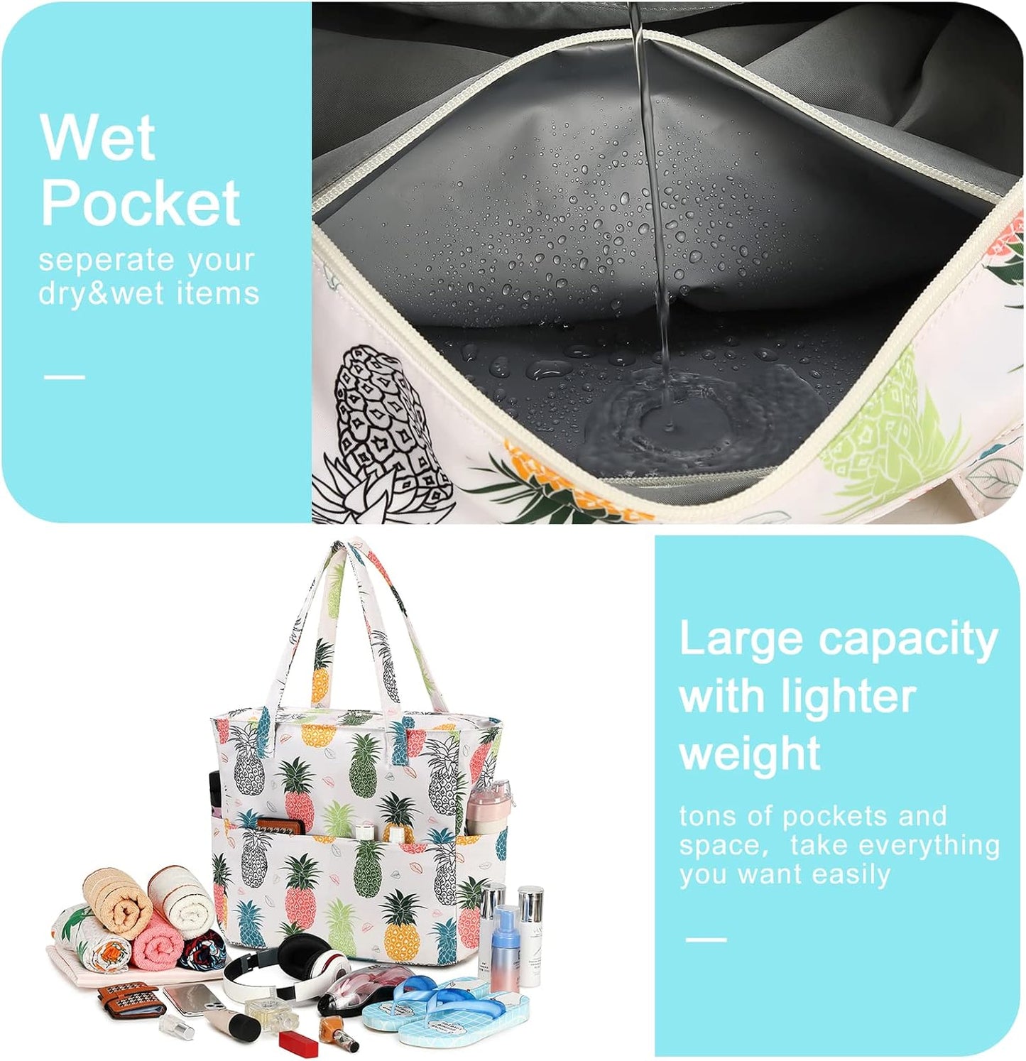 Waterproof Beach Tote Pool Bags for Women Ladies Extra Large Gym Tote Carry On Bag With Wet Compartment for Weekender Travel