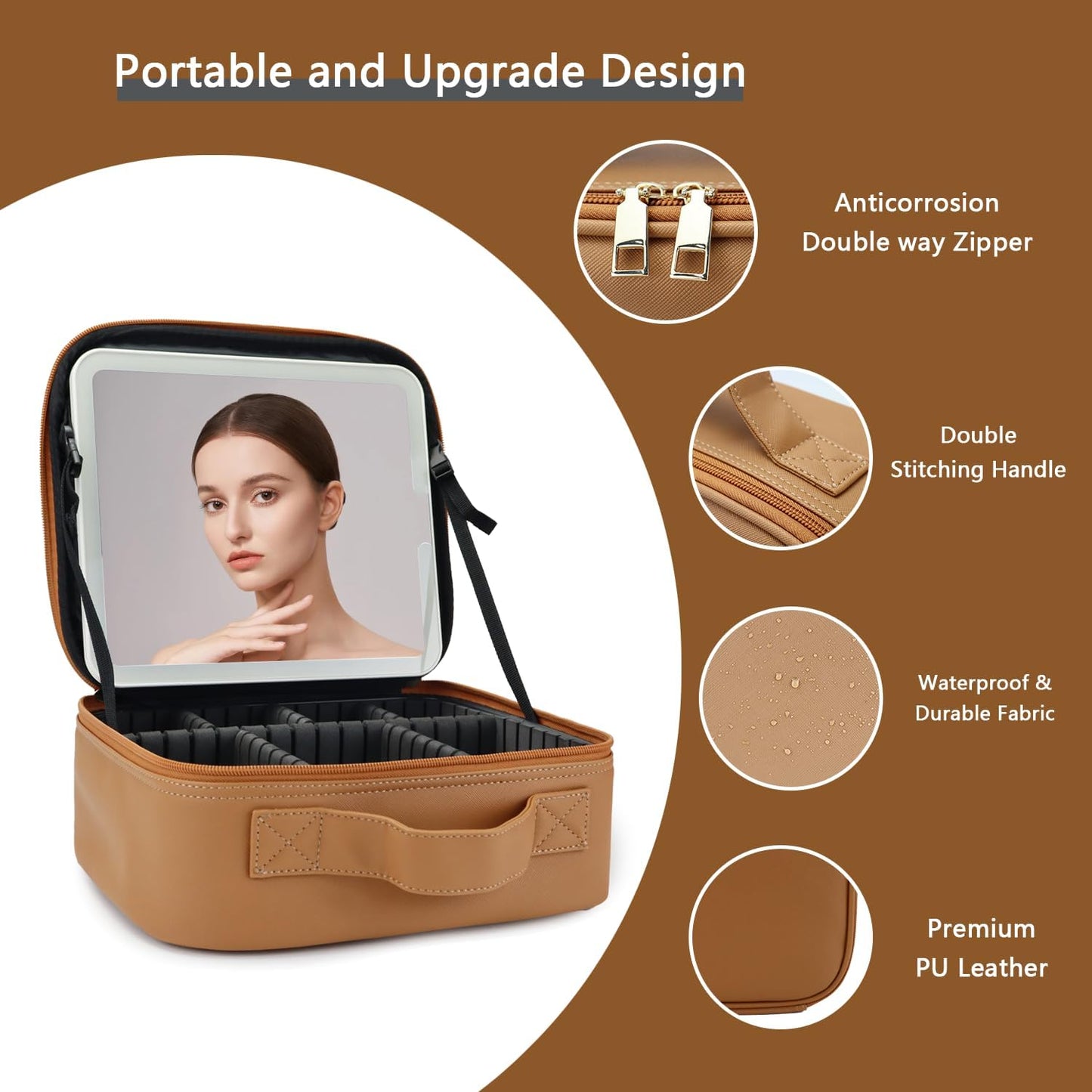 Makeup Bag with Led Mirror,Travel Makeup Organizer with 3 Color Setting, Portable Storage and Adjustable Dividers Travel Makeup Bag(brown)