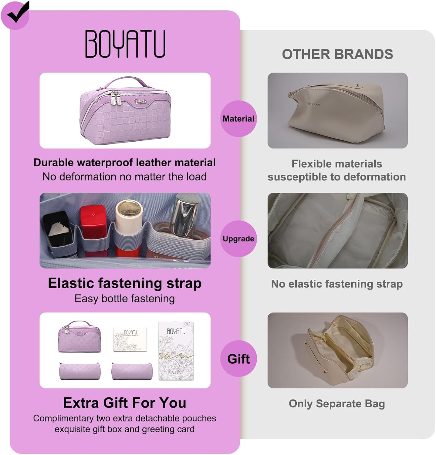 Travel Makeup Bag Organizer Cosmetic Bag: 3 Pcs Set Make up Bags for Women with Handle - Waterproof Vegan Leather Toiletry Bags with Comparments (C-01-Purple)