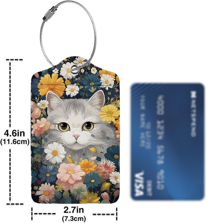 Cute Cat in Flowers 2 Pcs Luggage Tags,Privacy Cover ID Label with Stainless Steel Loop and Address Card for Travel Bag Suitcase,