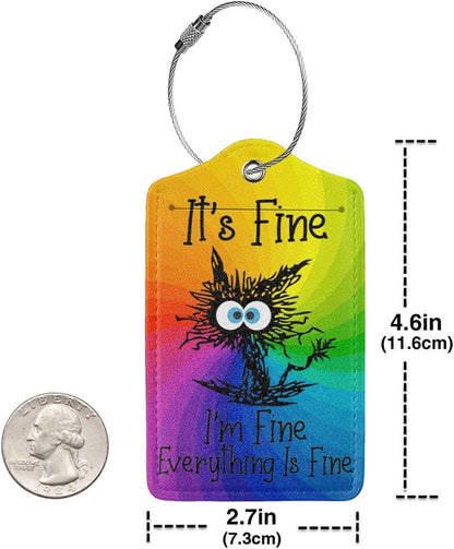 2 Pack Luggage Tags for suitcases Funny Cute Rainbow I'm Fine It's Fine Luggage Tag, Leather Stainless Steel Loop Label Tag for Men Women Travel Bag Suitcase(Rainbow Fine)