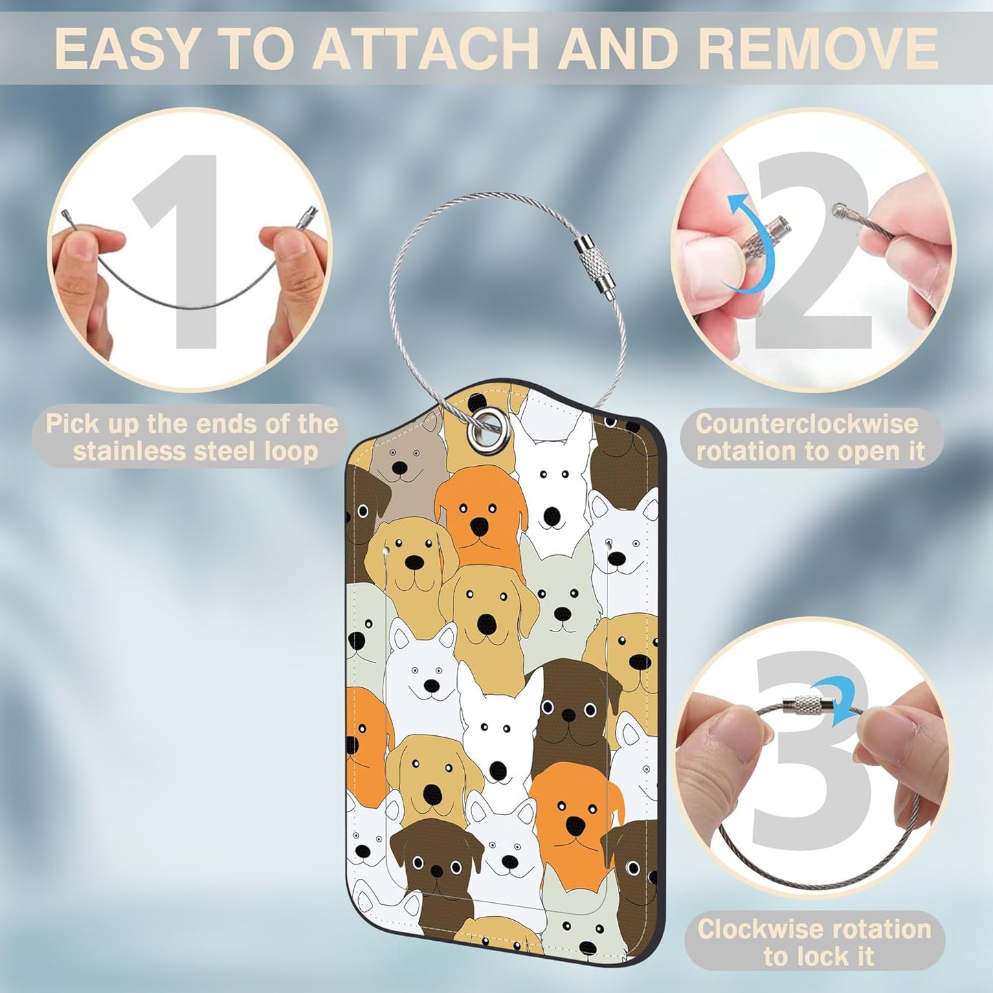 Cute Doodle Dog Set of 2 Luggage Tags for Suitcases Leather Suitcase Tags Identifiers with Privacy Name Address Label and Stainless Steel Loop for Women Men Travel Luggage Accessories