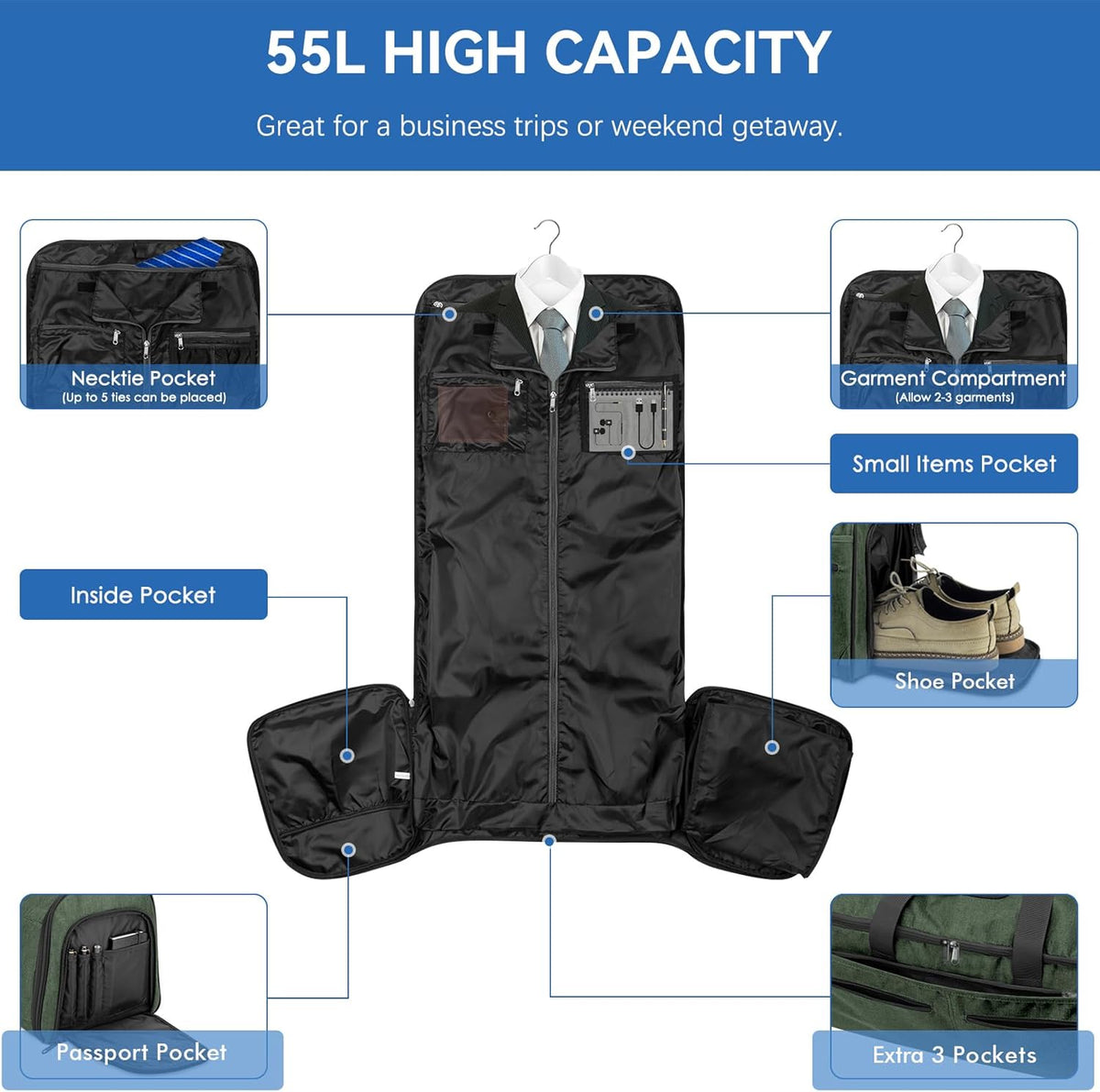 Bukere Garment Bags for Travel, Large Convertible Garment Duffel Bag for Men Women, Shoe Compartment, 2 in 1 Hanging Dress Suitcase Suit Travel Bags