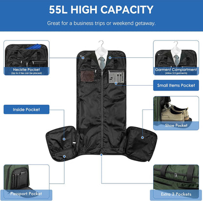 Bukere Garment Bags for Travel, Large Convertible Garment Duffel Bag for Men Women, Shoe Compartment, 2 in 1 Hanging Dress Suitcase Suit Travel Bags