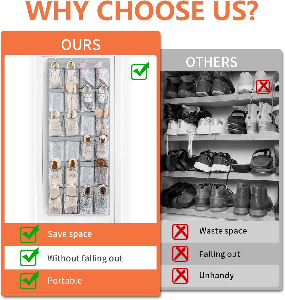FENTEC 40 Large Pockets Over The Door Shoe Organizer, Mesh Hanging Shoe Organizer Shoe Rack for Closet Mesh Closet Shoe Holder, Over Door Organizer, Shoe Organizer for Wall, Grey, 1 Pack