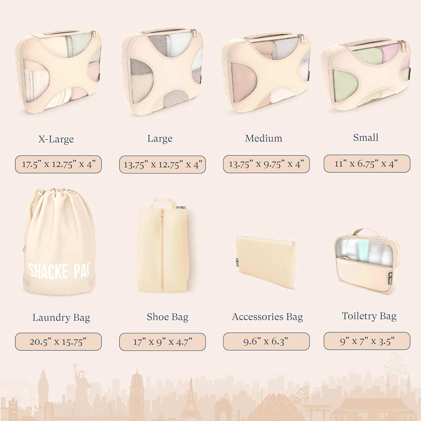 Shacke 8 Set Packing Cubes for Travel Lightweight Luggage Organizer (Cream)