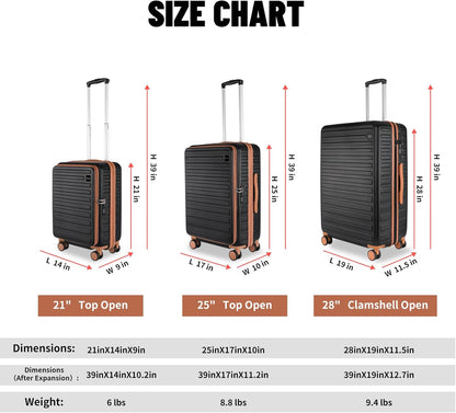 3-Piece 20/24 Top Opening Hardshell Lightweight Luggage and 28-Inch Clamshell Opening Suitcase with Spinner Wheels & TSA Locks, Black Brown, 20in/24in/28in