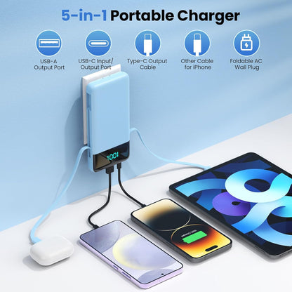 Portable Charger for iPhone with Built in Cables and Wall Plug,Upgraded 13800mAh Fast Charging USB C Power Bank,4 Outputs Travel Essential Battery Pack Compatible with iPhone 15/14/13/12,-Light Blue