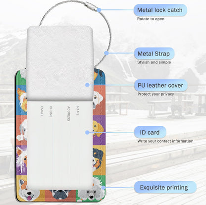 Cartoon Dog Icons Luggage Tags for Suitcase,Cute Dog Breeds Luggage Tags of Set 2 Leather Identifiers Privacy Cover with Stainless Steel Loop for Women Men Travel Bag Suitcase