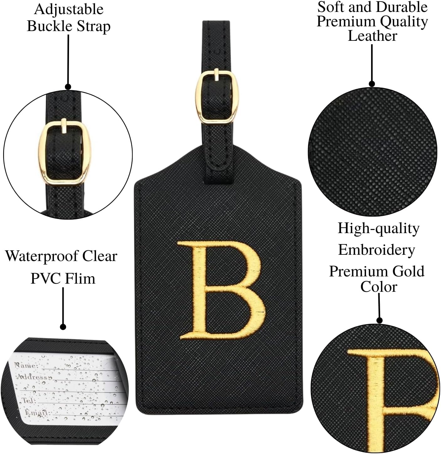 Luggage Tag PU Leather for Suitcase Baggage Handbag Travel Bag Label Suitcase Tag Label Tag w. Name Card & Privacy Cover (B)