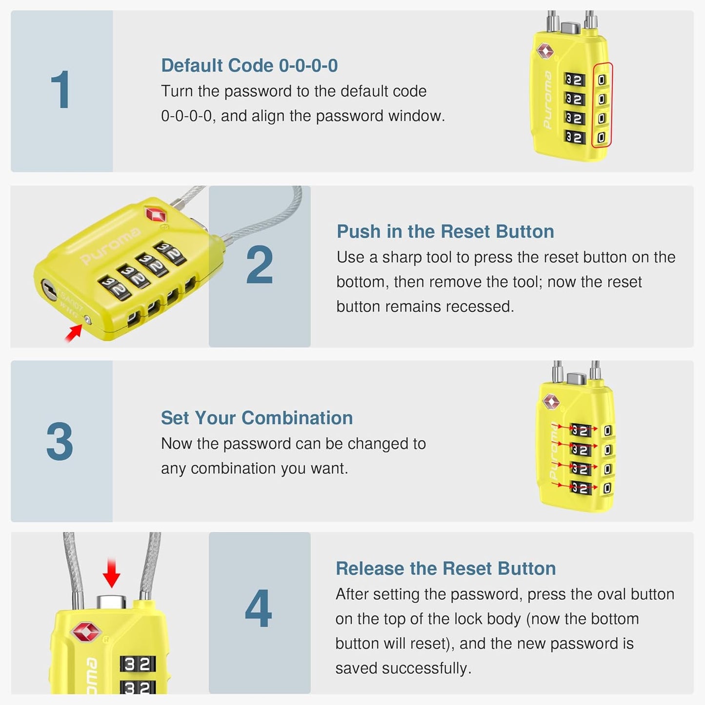 Puroma 2 Pack TSA Approved Luggage Lock, 4 Digit Combination Travel Locks Resettable Code Lock with Zinc Alloy Body for Suitcase, Toolbox, Backpack, Bag, Gym Locker (Yellow)