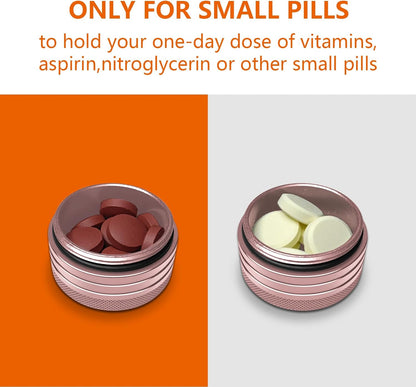 Small Pill Box, Portable Daily Box, Aluminium Alloy Round Container for Pills, Pocket Case (Pink)