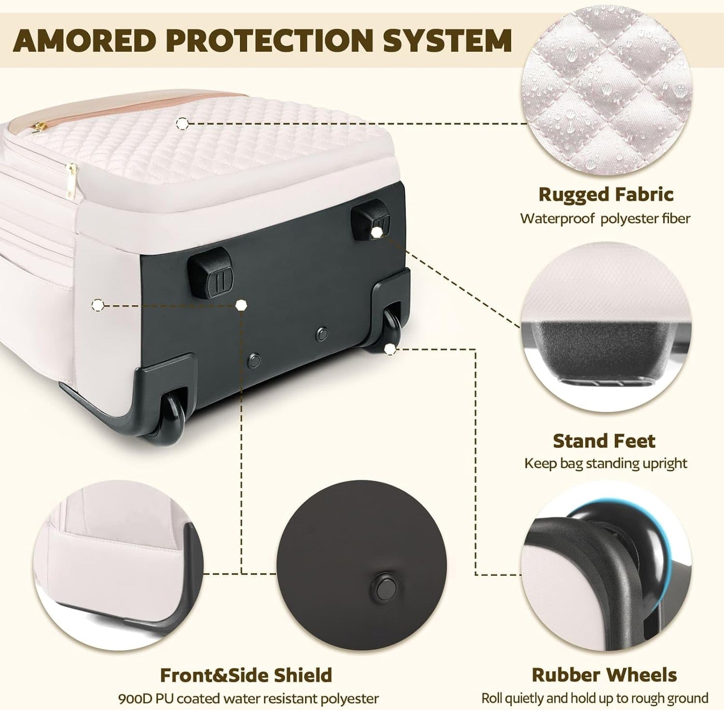 Small Rolling Backpack, Underseat Carry On Luggage With Wheels For Adults, 15.6 Inch Wheeled Backpack for Women, Travel Roller Bag, Beige