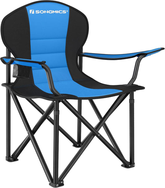 SONGMICS Folding Camping Chair, with Comfortable Sponge Seat, Cup Holder, Heavy Duty Structure, Max Load Capacity 551 lb, Outdoor Picnic Chair, Blue and Black UGCB06BU