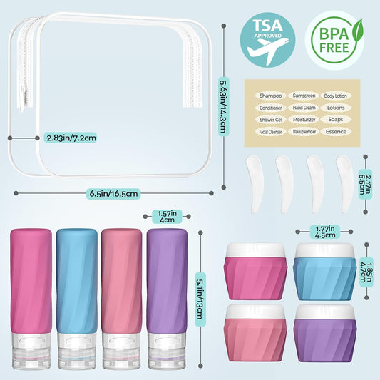 14pack Travel Bottles for Toiletries, TSA Approved Travel Size Toiletries Containers Set, Premium Silicone Leak Proof Refillable Bottles & Creams Jars Accessories Kit W/Clear Bag (Vibrant)