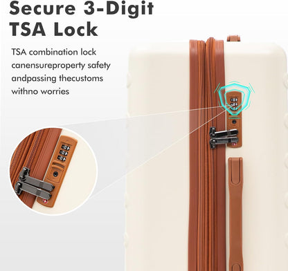 luggage sets 3 Piece with Spinner Wheel,100% PC Material Lightweight Durable,Expandable Carry On Travel Hardside Suitcase sets with TSA Lock for Men and Women (White+brown)