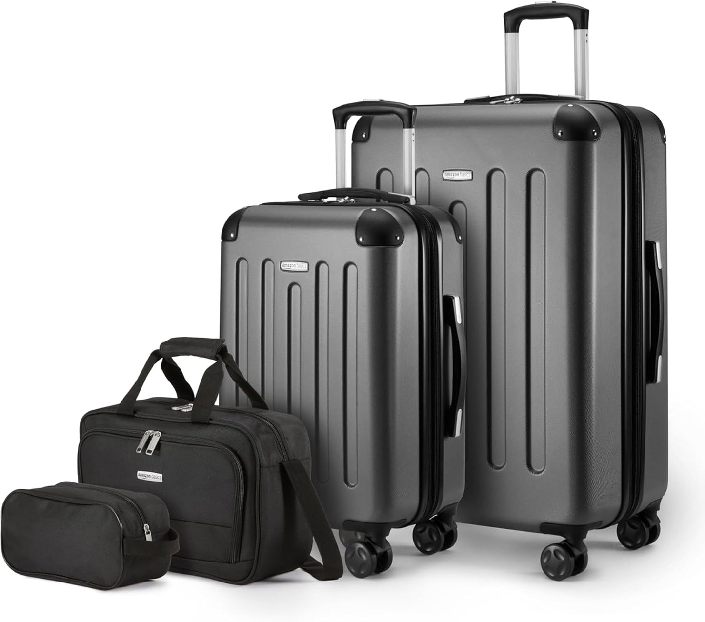Amazon Basics 4-Piece Luggage Set, Including Two Hardside Suitcases With Multi-directional Spinner Wheels (22" Carry-On and 28" Checked), 15" Tote Bag and 10" Compact Travel Bag, Black