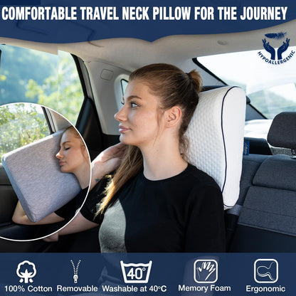 Travel & Camping Comfortable Memory Foam Pillow – Easy to Carry Portable Bag – Temperature Regulating Pillow Case (White Contour + Extra Cover)