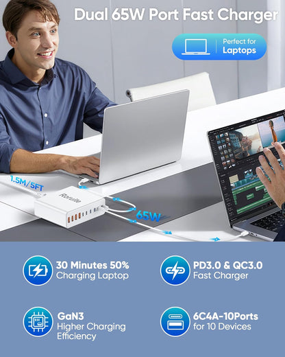 460W USB C Charger Block, 10-Port USB Charging Station GaN III PD Charger Type C & USB A, Dual 65W PC Laptop Fast Adapter for MacBook Pro/Air, iPhone, iPad, DELL, Samsung Galaxy, Android - White