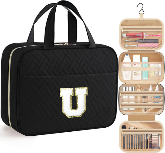 HOTOR Travel Toiletry Bag - Personalized Chenille Initial Makeup Bag, Water-Resistant Personalized Gifts for Women, Portable Travel Accessories & Essentials, Letter U, Black, 11.4"×9.0"×3.35"