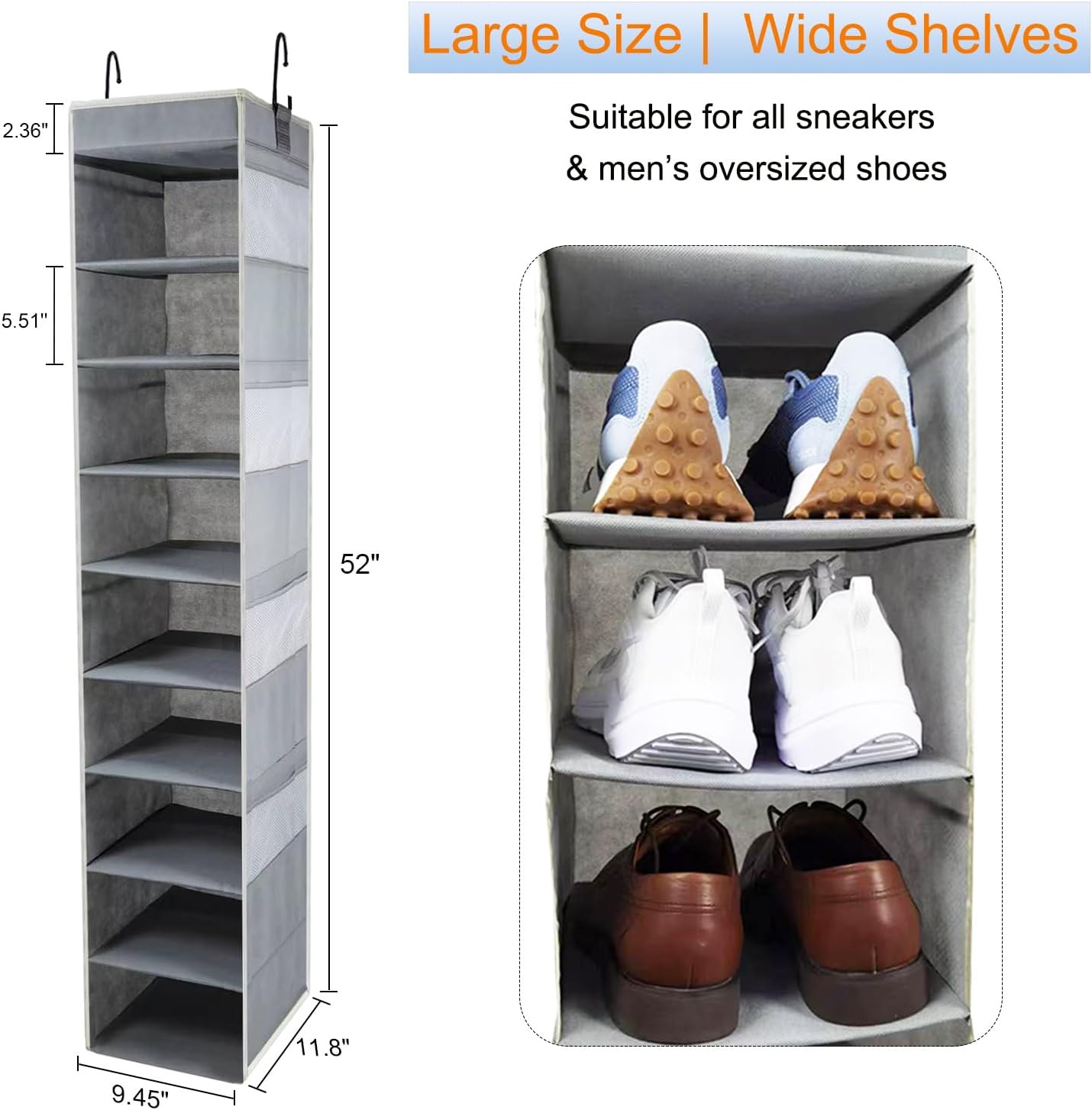 2 Pack Large-Sized Hanging Shoe Organizer 10-Shelf, Sturdy Hanging Closet Organizer with 8 Side Pockets, Wider Hanging Shelves for Storage Shoes Clothes Jeans Shirts Toys, Grey.