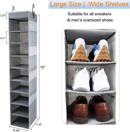 2 Pack Large-Sized Hanging Shoe Organizer 10-Shelf, Sturdy Hanging Closet Organizer with 8 Side Pockets, Wider Hanging Shelves for Storage Shoes Clothes Jeans Shirts Toys, Grey.
