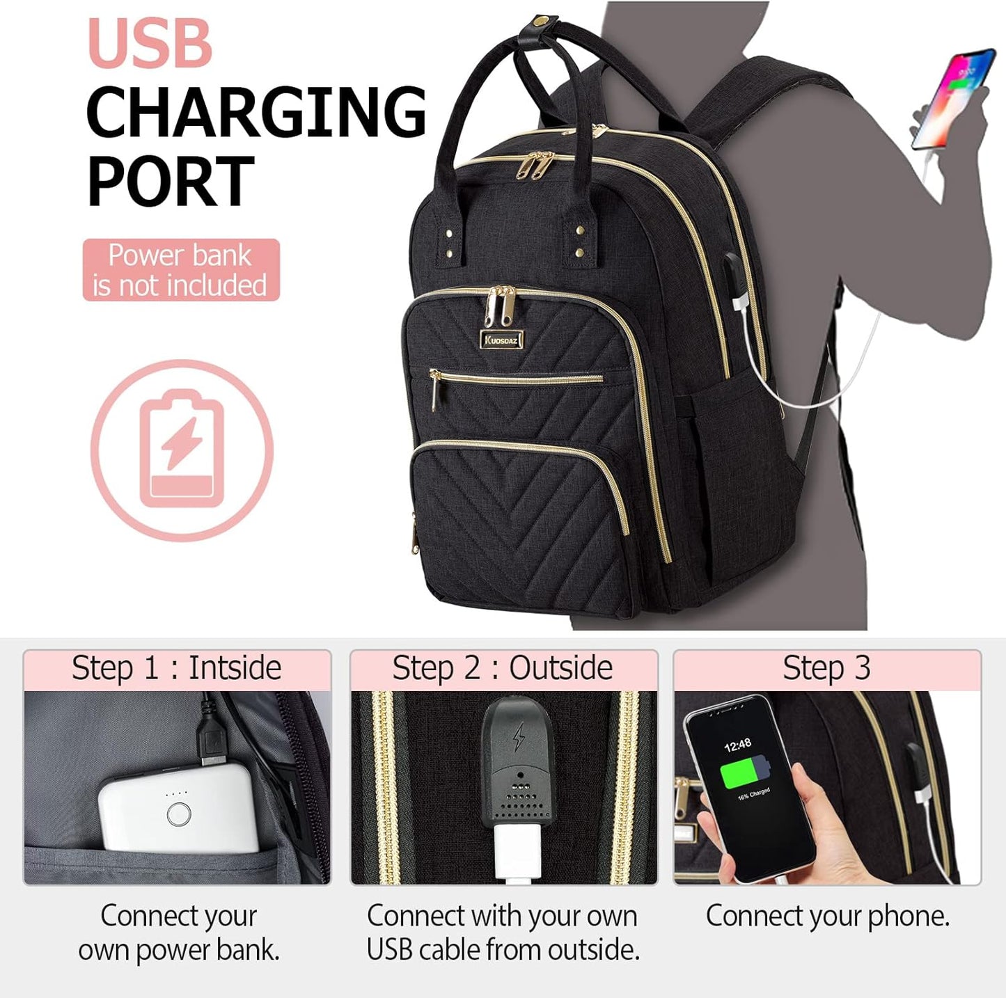 Laptop Backpack for Women Men, School Backpacks for Teens Girls Boys, 17.3 Inch Work Laptop Bag with USB Port Charging, Water Resistant College Bookbags for Girls, Black