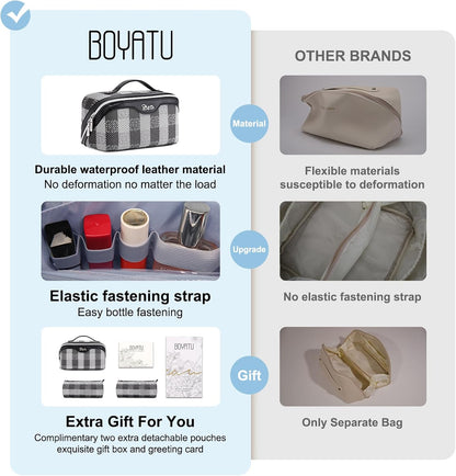 BOYATU Makeup Bag Travel Cosmetic Bag: 3 Pcs Set Portable Make up Bags for Women with Handle - Waterproof Vegan Leather Toiletry Organizer Bags with Comparments (F-01-Black)