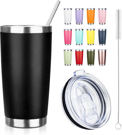 20oz Tumbler with Straw and Brush, Stainless Steel Vacuum Insulated tumbler, Double Wall Insulated Coffee Tumbler for Outdoor, Home, Travel,Office (Black,1pcs)