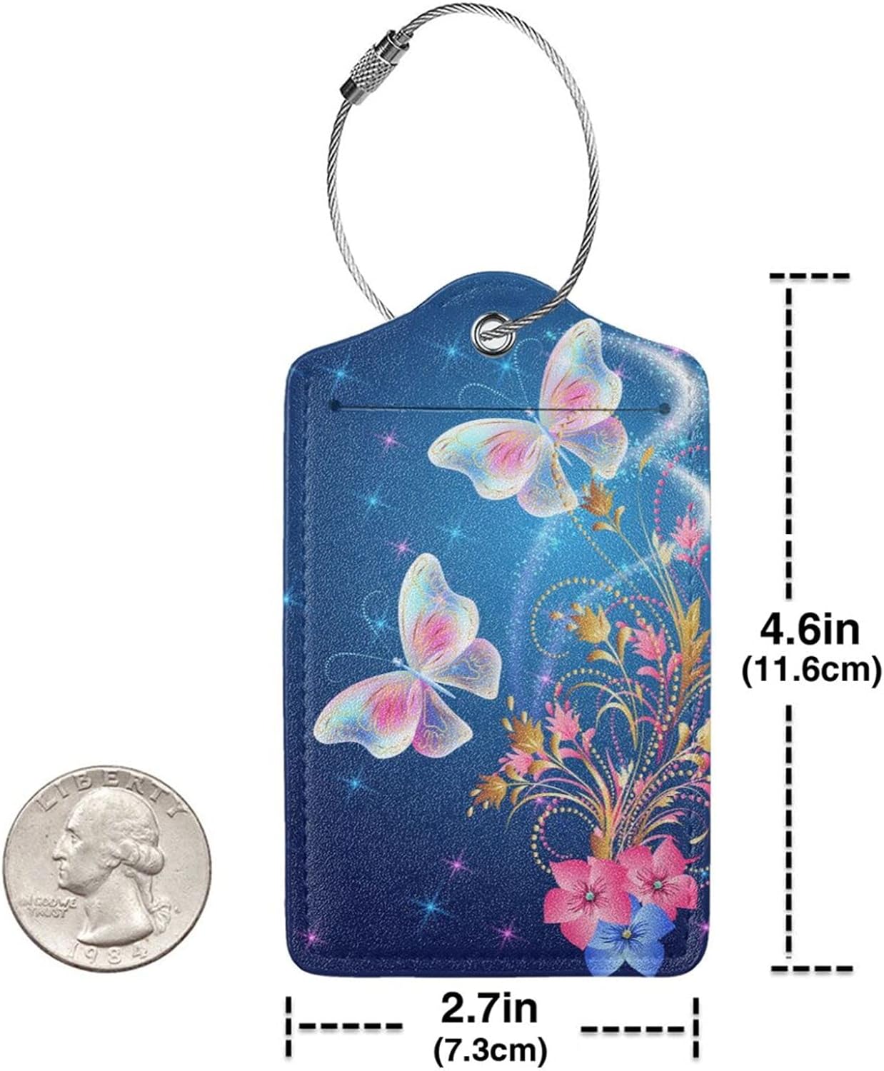 2 Pcs Beautiful Blue Luggage Tags with Two Butterflies for Women Girls Travel, Flower PU Leather Bag Tags for Suitcases with Stainless Steel Loop & Privacy Name ID Card, Labels Identifiers
