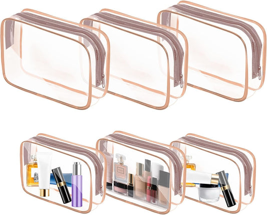 AURUZA 6 Pack Travel Toiletry Bag, Clear Makeup Bag, TSA Approved Cosmetic Bag with Zipper, Clear Organizer Carry on Bag for Women, PVC Cosmetic Pouch (Rose Pink, 6 Packs)