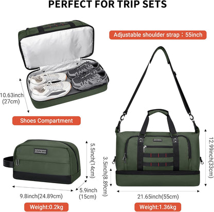 WITZMAN Travel Duffle Bags for Men Weekender Bags with Toiletry Bag Sets Carry On Overnight Bag 55L （B696 Army Green）