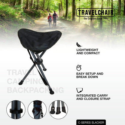 Travel Chair C-Series Slacker Tripod Chair for Camping, Lightweight Chair, Adjustable Carry Strap for Easy Transport | Outdoor Adventures Lighter Version of The Original Slacker Stool, Black - 2-Pack