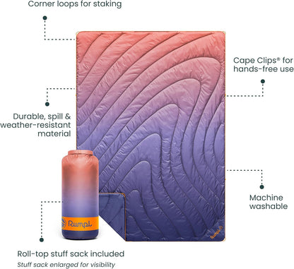 Rumpl Original Puffy Blanket - Warm, Water-Resistant Camping Blanket with 100% Recycled Synthetic Insulation, 52"x75", Original Puffy V2, Dusk Fade