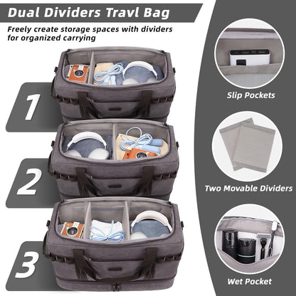 ZOMFELT Travel Duffle Bag for Men Women, Waterproof Canvas Overnight Duffel Bag with Removable Dividers & Shoe Compartment, Carry On Weekender Gym bag, Multi-Pocket & Vintage Design (Washed Grey)