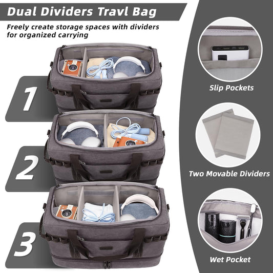 ZOMFELT Travel Duffle Bag for Men Women, Waterproof Canvas Overnight Duffel Bag with Removable Dividers & Shoe Compartment, Carry On Weekender Gym bag, Multi-Pocket & Vintage Design (Washed Grey)