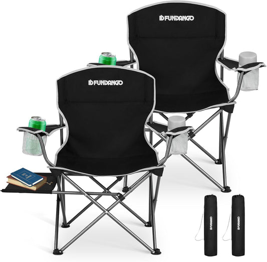 FUNDANGO Folding Camping Chair with Table, 2 Pack Portable Heavy Duty Outdoor Padded Chairs for Adults with Cup Holders for Lawn Beach Picnic Outside Travel (Black)