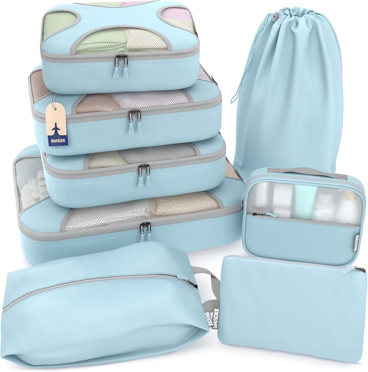 Shacke Premium 8 Packing Cubes Set - Lightweight Mesh Travel Luggage Organizers with Laundry Bag, 8-Piece Suitcase Storage System (Sky Blue)
