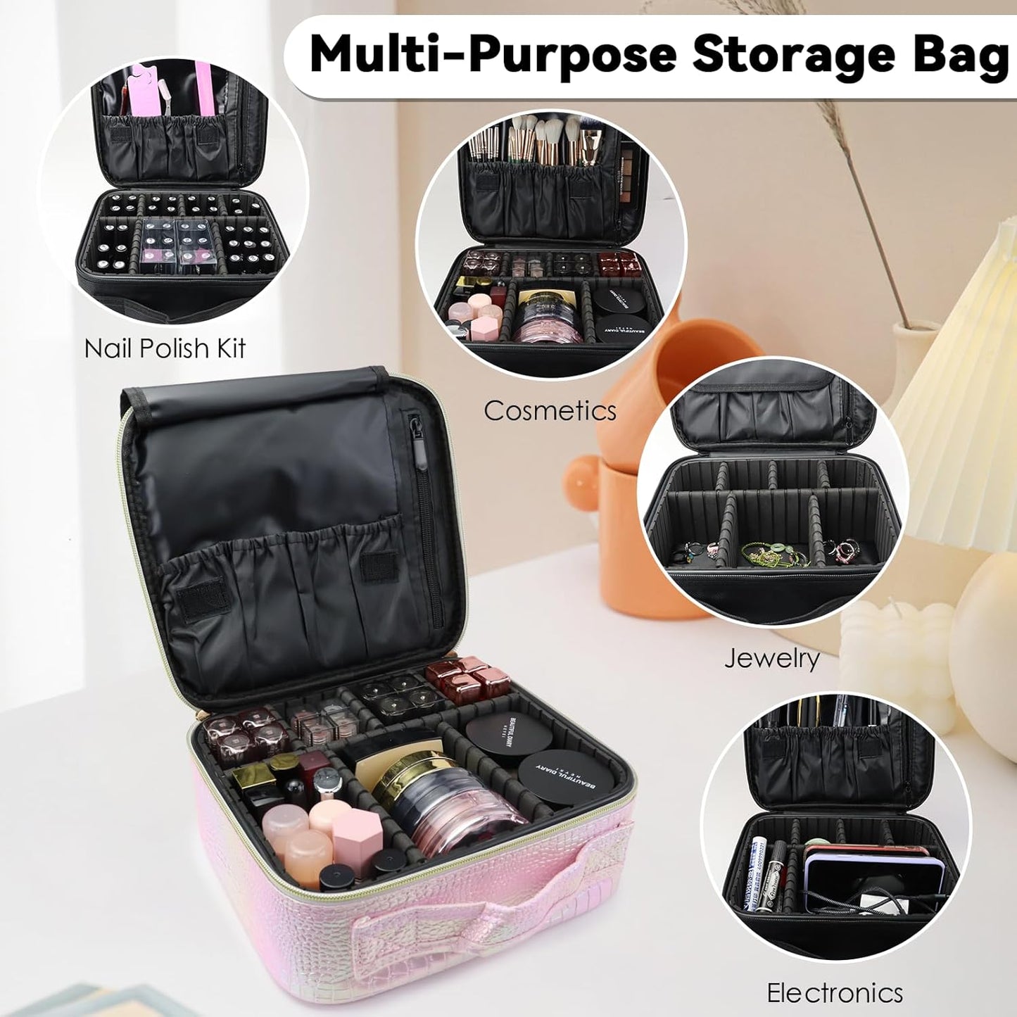 Travel Makeup Bag Makeup Cosmetic Train Case Organizer Portable Storage Bag with Adjustable Dividers for Cosmetics Makeup Brushes Toiletry Jewelry Colored Crocodile Pattern