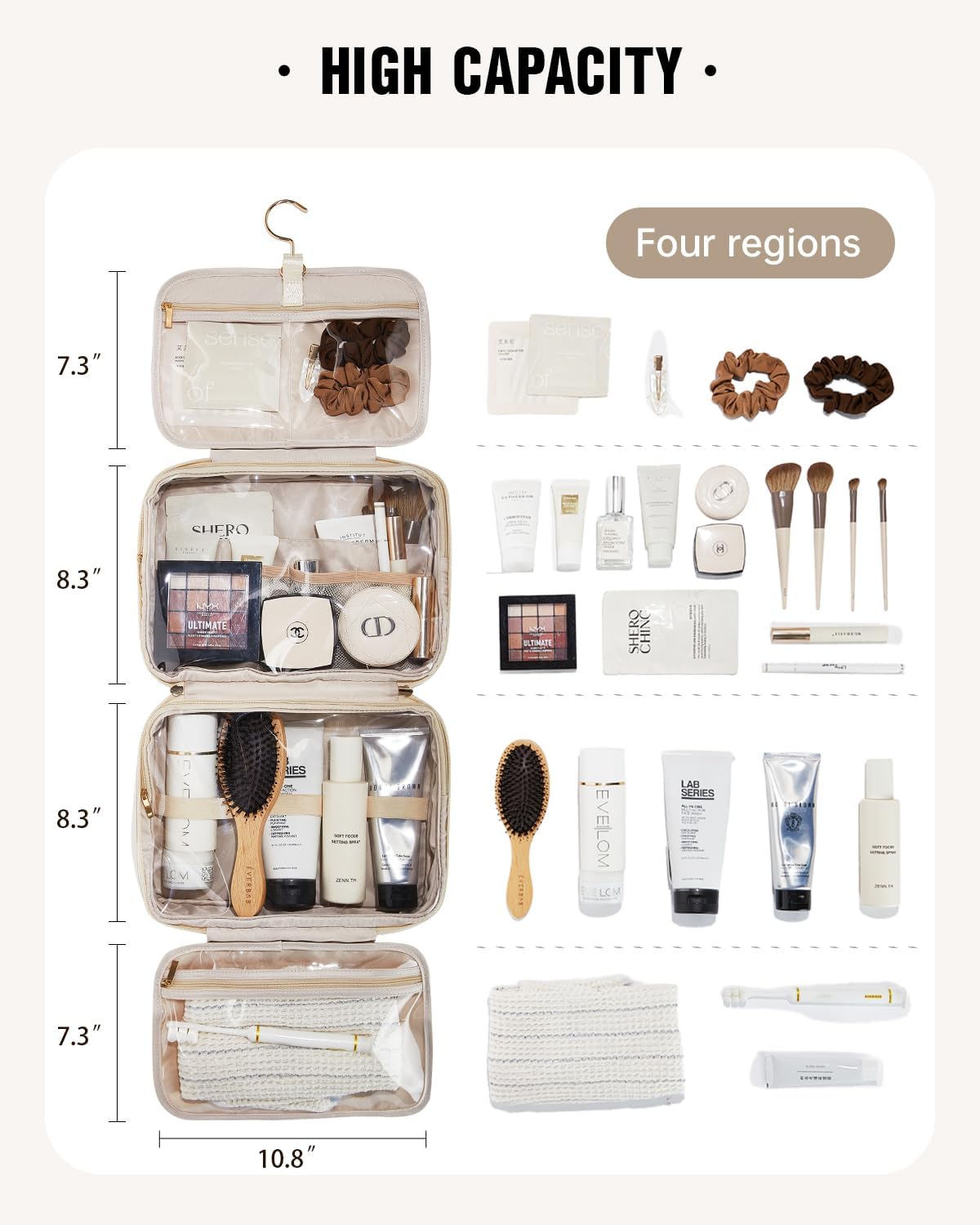 EACHY Travel Toiletry Bag with Hanging Hook, Portable Makeup Cosmetic Bags for Women, Water-Resistant Full-Size Travel Accessories (Plait White)